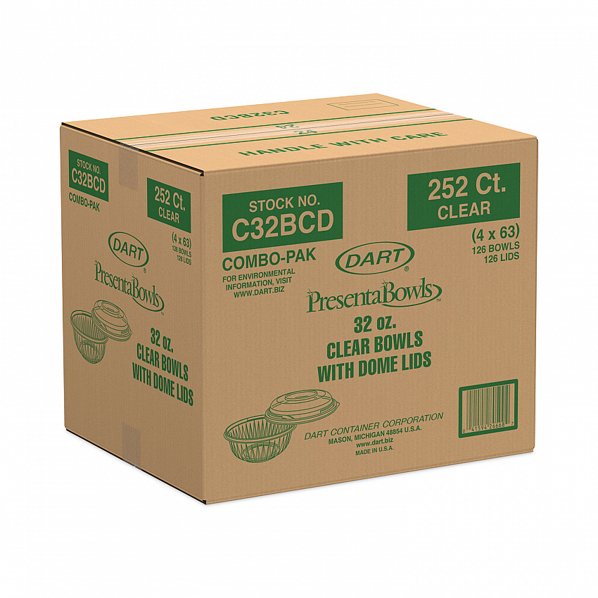 PresentaBowls Bowl/Lid Combo-Paks, 32 oz, Clear, Plastic, 63/Pack, 4 Pack/Carton (C32BCD)
