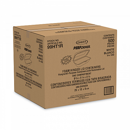 Foam Hinged Lid Container, Hoagie Container with Removable Lid, 5.3 x 9.8 x 3.3, White, 125/Bag, 4 Bags/Carton (99HT1R)