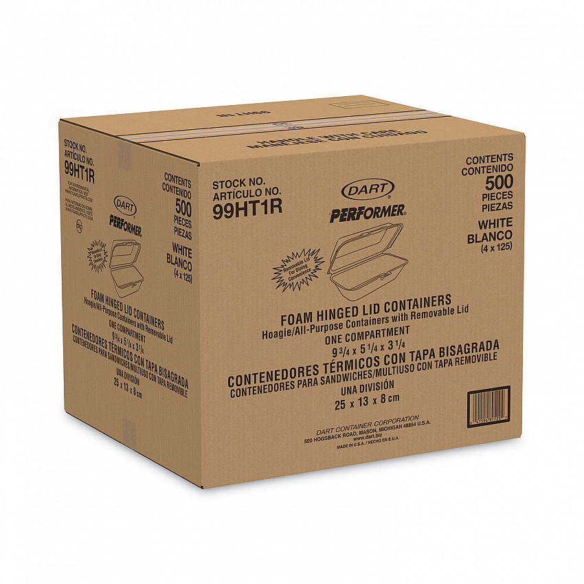Foam Hinged Lid Container, Hoagie Container with Removable Lid, 5.3 x 9.8 x 3.3, White, 125/Bag, 4 Bags/Carton (99HT1R)