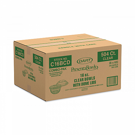 PresentaBowls Bowl/Lid Combo-Paks, Dome Lid, 16 oz, Clear, Plastic, 63/Pack, 4 Packs/Carton (C16BCD)