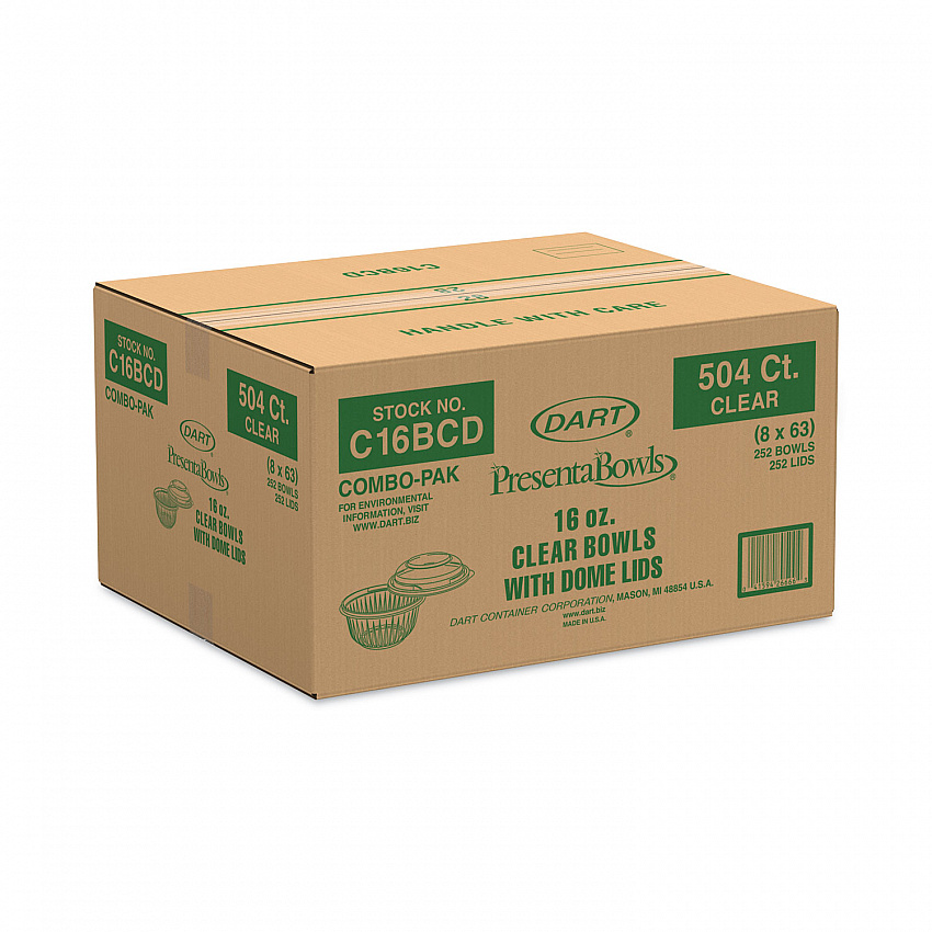 PresentaBowls Bowl/Lid Combo-Paks, Dome Lid, 16 oz, Clear, Plastic, 63/Pack, 4 Packs/Carton (C16BCD)
