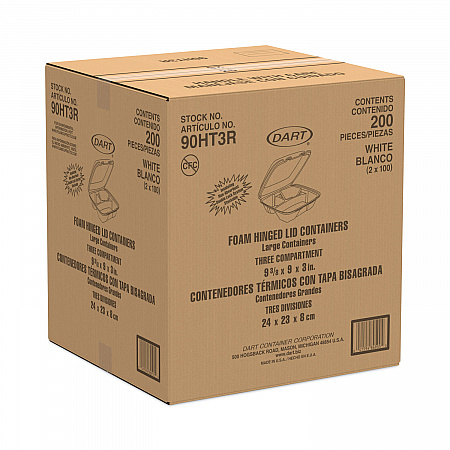 Foam Hinged Lid Container, 3 Compartments, 8 oz, 9 x 9.4 x 3, White, 100/Sleeve, 2 Sleeves/Carton (90HT3R)