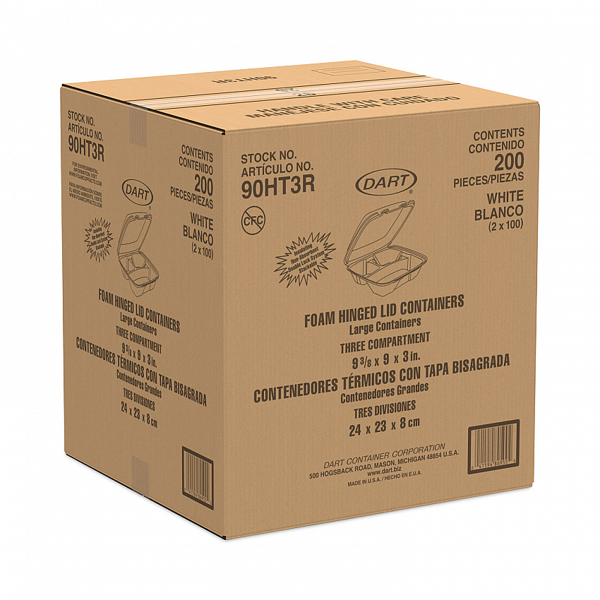 Foam Hinged Lid Container, 3 Compartments, 8 oz, 9 x 9.4 x 3, White, 100/Sleeve, 2 Sleeves/Carton (90HT3R)