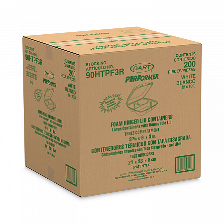 Foam Hinged Lid Container, Performer Perforated Lid, 3 Compartments, 9 x 9.4 x 3, White, 100/Bag, 2 Bag/Carton (90HTPF3R)