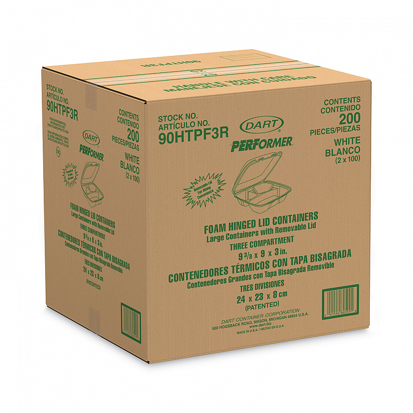 Foam Hinged Lid Container, Performer Perforated Lid, 3 Compartments, 9 x 9.4 x 3, White, 100/Bag, 2 Bag/Carton (90HTPF3R)