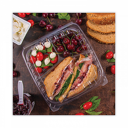 ClearSeal Hinged-Lid Plastic Containers, 3 Compartments, 9.4 x 8.9 x 3, Plastic, 100/Bag, 2 Bags/Carton (C95PST3)