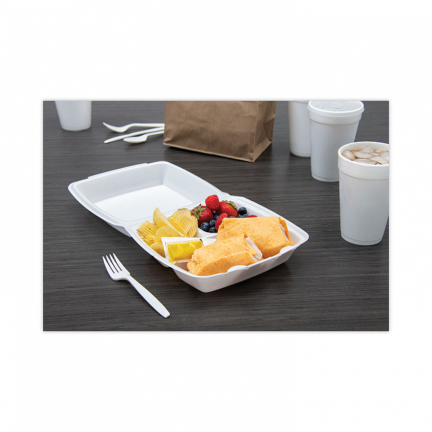 Foam Hinged Lid Container, 3 Compartments, 8 oz, 9 x 9.4 x 3, White, 100/Sleeve, 2 Sleeves/Carton (90HT3R)