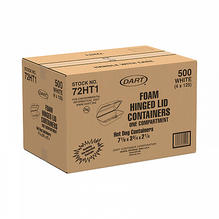 Foam Hinged Lid Container, Hot Dog Container, 3.8 x 7.1 x 2.3, White, 125/Bag, 4 Bags/Carton (72HT1)