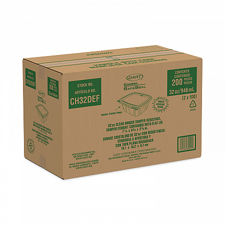 ClearPac SafeSeal rPET Tamper-Resistant Container, ProPlanet Seal, Flat Lid, 32 oz, Clear, 100/Bag, 2 Bags/Carton (CH32DEF)