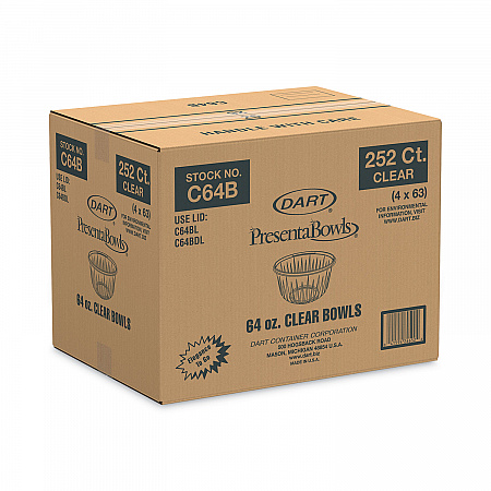 PresentaBowls Clear Bowls, 64 oz, Plastic, 63/Bag, 252/Carton (C64B)