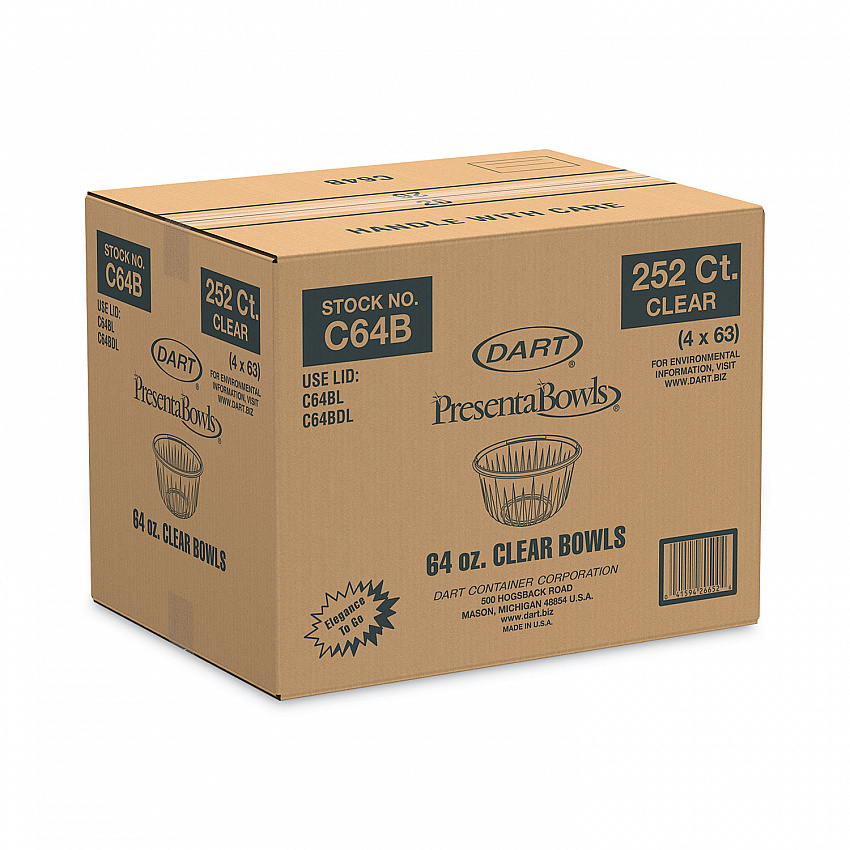 PresentaBowls Clear Bowls, 64 oz, Plastic, 63/Bag, 252/Carton (C64B)