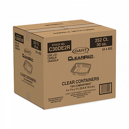 ClearPac Containers, 2 Compartments, 32.8 oz, 7.4 x 9 x 1.7, Clear, Plastic, 63/Pack, 4 Packs/Carton (C30DE2R)