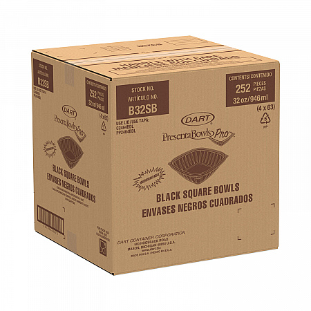 PresentaBowls Pro Black Square Bowls, 32 oz, 8.5 x 8.5 x 2, Plastic, 63/Bag, 4 Bags/Carton (B32SB)