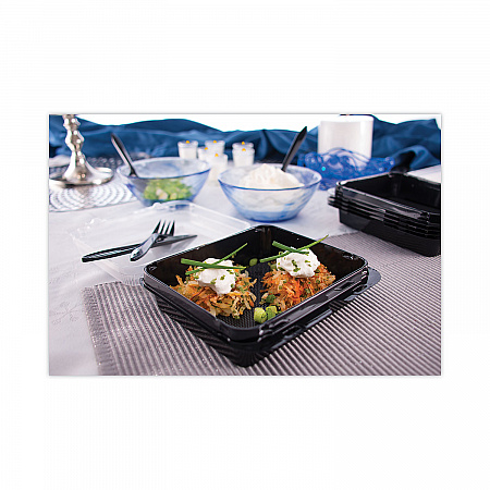 Creative Carryouts Hinged Plastic Hot Deli Boxes, Medium Snack Box, 18 oz, 6.22 x 5.9 x 2.1, Black/Clear, 200/Carton (851611PS94)