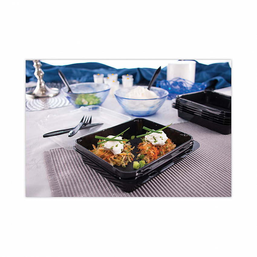 Creative Carryouts Hinged Plastic Hot Deli Boxes, Medium Snack Box, 18 oz, 6.22 x 5.9 x 2.1, Black/Clear, 200/Carton (851611PS94)