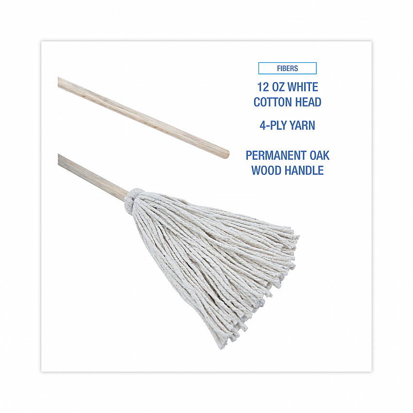 Handle/Deck Mops, #12 White Cotton Head, 48" Natural Wood Handle, 6/Pack (112C)