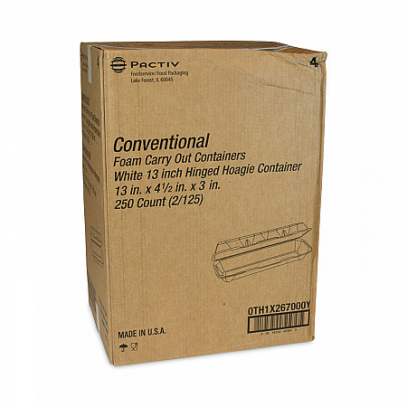 Foam Hinged Lid Containers, Dual Tab Lock Hoagie, 13 x 4.5 x 3, White, 250/Carton (0TH1X267000Y)