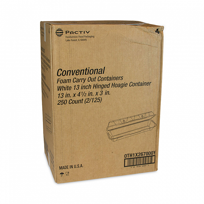 Foam Hinged Lid Containers, Dual Tab Lock Hoagie, 13 x 4.5 x 3, White, 250/Carton (0TH1X267000Y)