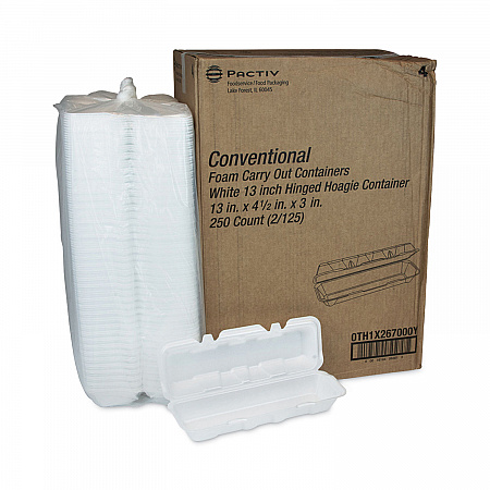 Foam Hinged Lid Containers, Dual Tab Lock Hoagie, 13 x 4.5 x 3, White, 250/Carton (0TH1X267000Y)