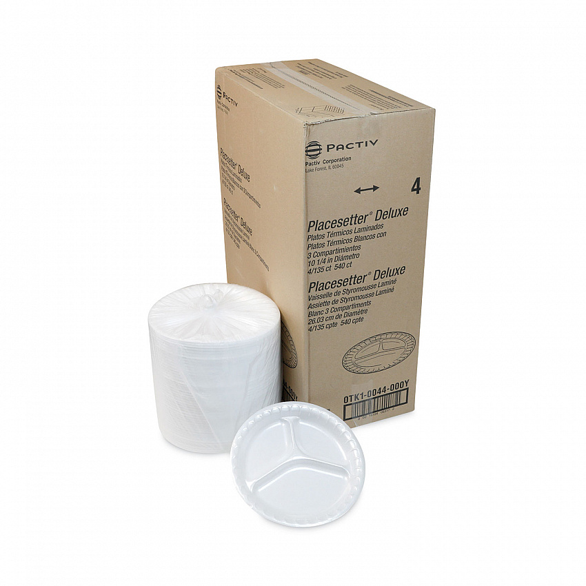 Placesetter Deluxe Laminated Foam Dinnerware, 3-Compartment Plate, 10.25" dia, White, 540/Carton (0TK10044000Y)