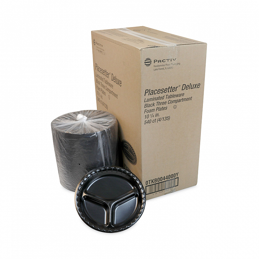 Placesetter Deluxe Laminated Foam Dinnerware, 3-Compartment Plate, 10.25" dia, Black, 540/Carton (0TKB0044000Y)