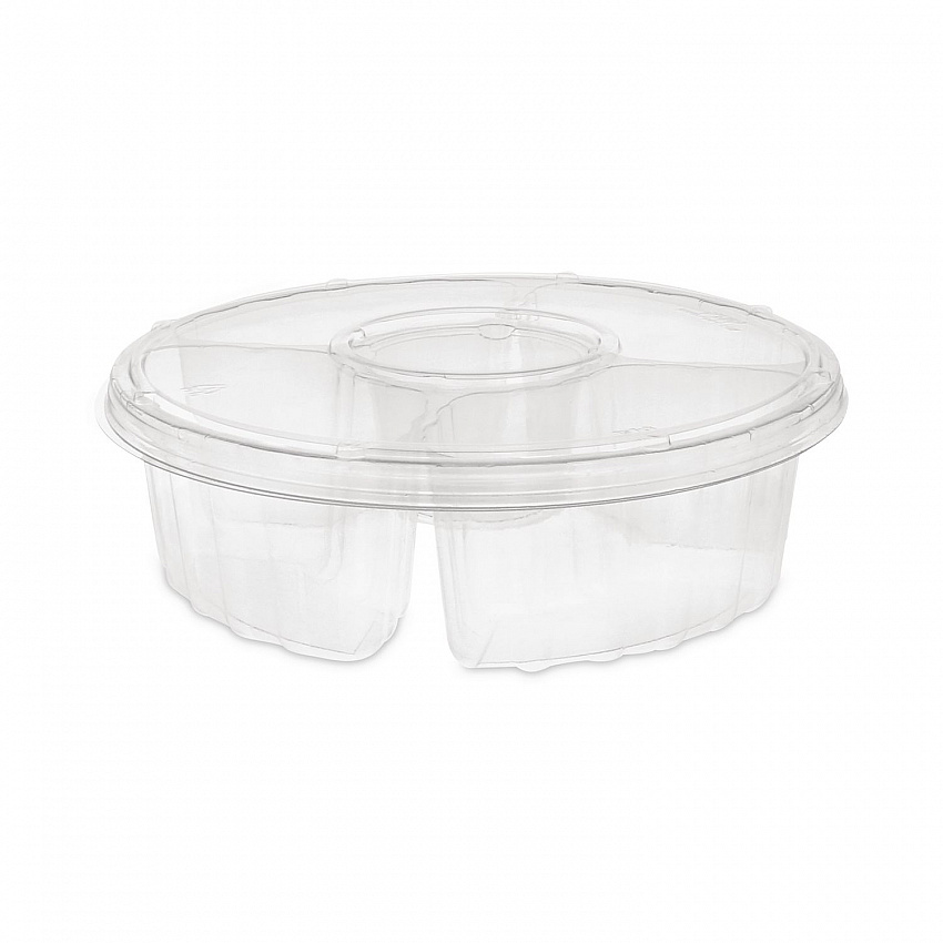 Dip Cup Platter, 4 Compartments, 64 oz, 10" Diameter, Clear, Plastic, 100/Carton (1064DP4CLRL)