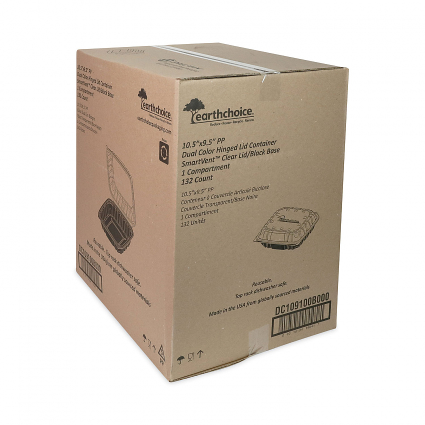 EarthChoice Vented Dual Color Microwavable Hinged Lid Container, 66 oz, 10.5 x 9.5 x 3.1, Black/Clear, Plastic, 132/Carton (DC109100B000)