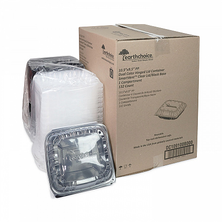 EarthChoice Vented Dual Color Microwavable Hinged Lid Container, 66 oz, 10.5 x 9.5 x 3.1, Black/Clear, Plastic, 132/Carton (DC109100B000)