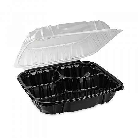 EarthChoice Vented Dual Color Microwavable Hinged Lid Container, 3 Compartments, 54 oz, Black/Clear, Plastic, 132/Carton (DC109310B000)