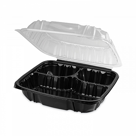 EarthChoice Vented Dual Color Microwavable Hinged Lid Container, 3 Compartments, 54 oz, Black/Clear, Plastic, 132/Carton (DC109310B000)