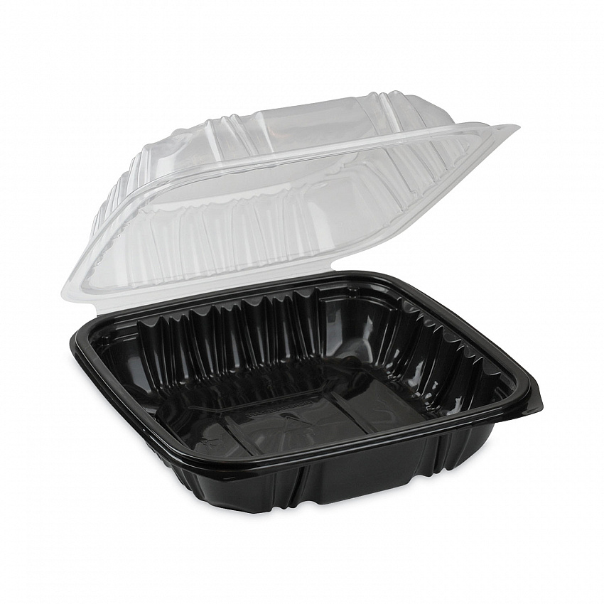 EarthChoice Vented Dual Color Microwavable Hinged Lid Container, 28 oz, 7.5 x 7.5 x 3.1, Black/Clear, Plastic, 150/Carton (DC757100B000)