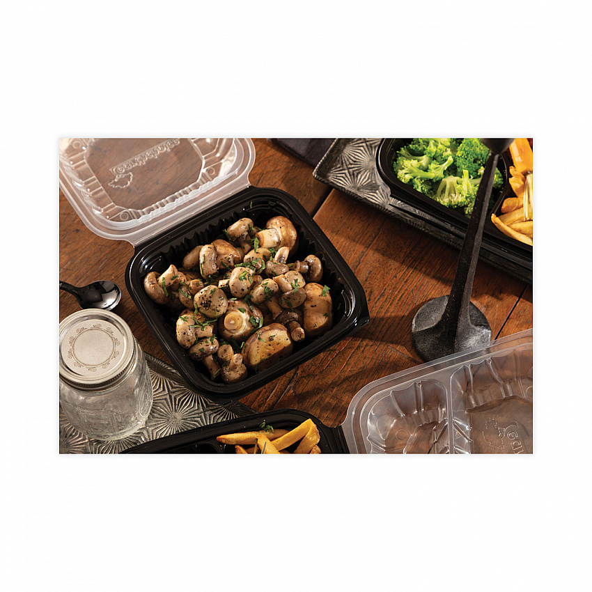 EarthChoice Vented Dual Color Microwavable Hinged Lid Container, 28 oz, 7.5 x 7.5 x 3.1, Black/Clear, Plastic, 150/Carton (DC757100B000)