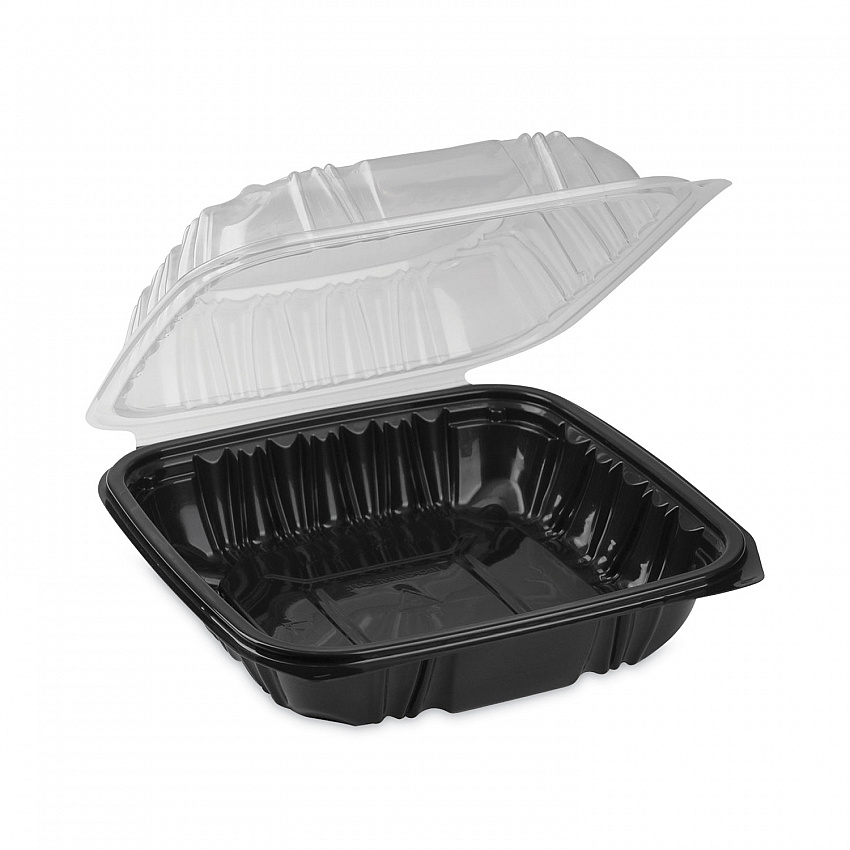 EarthChoice Vented Dual Color Microwavable Hinged Lid Container, 38 oz, 8.5 x 8.6 x 3.1, Black/Clear, Plastic, 150/Carton (DC858100B000)