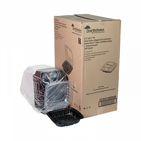 EarthChoice Vented Dual Color Microwavable Hinged Lid Container, 38 oz, 8.5 x 8.6 x 3.1, Black/Clear, Plastic, 150/Carton (DC858100B000)