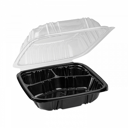 EarthChoice Vented Dual Color Microwavable Hinged Lid Container, 3 Compartments, 33 oz, Black/Clear, Plastic, 150/Carton (DC858310B000)