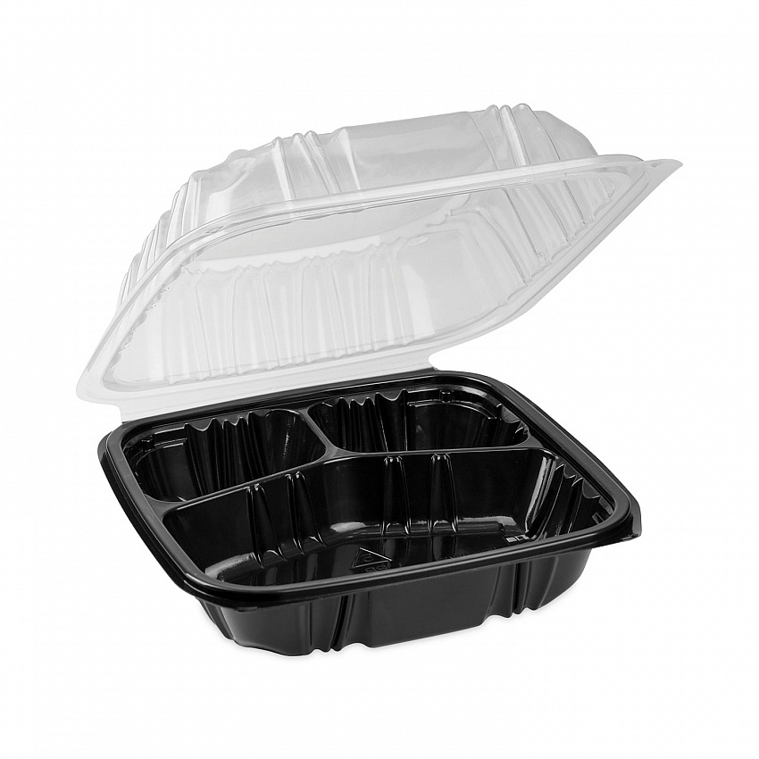 EarthChoice Vented Dual Color Microwavable Hinged Lid Container, 3 Compartments, 33 oz, Black/Clear, Plastic, 150/Carton (DC858310B000)