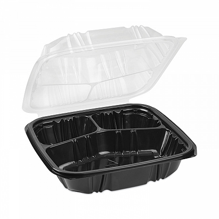 EarthChoice Vented Dual Color Microwavable Hinged Lid Container, 3 Compartment Base/Lid, 33 oz, Black/Clear, Plastic, 150/CT (DC858330B000)