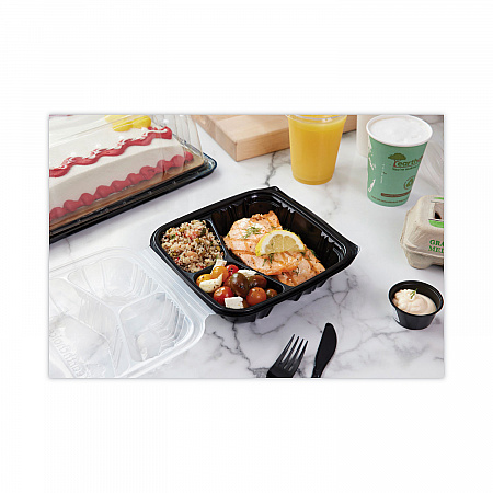 EarthChoice Vented Dual Color Microwavable Hinged Lid Container, 3 Compartment Base/Lid, 33 oz, Black/Clear, Plastic, 150/CT (DC858330B000)