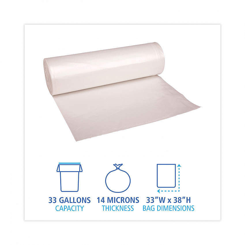High-Density Can Liners, 33 gal, 14 mic, 33" x 38", Natural, Perforated Roll, 25 Bags/Roll, 10 Rolls/Carton (334016)