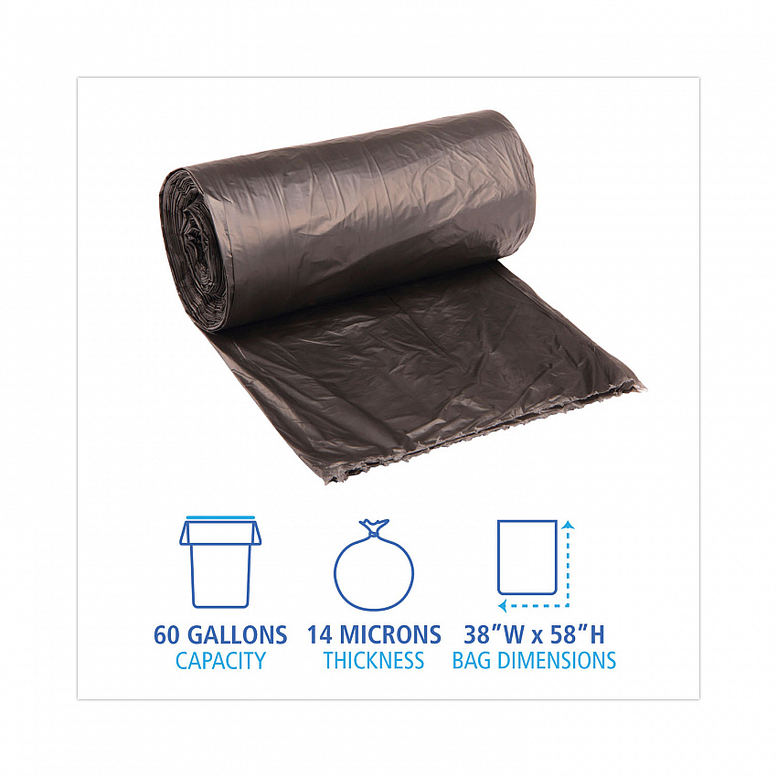 High-Density Can Liners, 60 gal, 14 mic, 38" x 58", Black, Perforated Roll, 25 Bags/Roll, 8 Rolls/Carton (385814K)