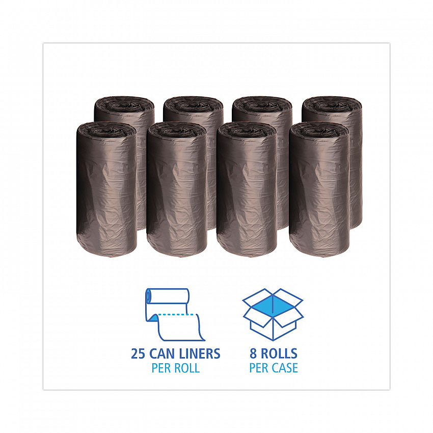 High-Density Can Liners, 60 gal, 14 mic, 38" x 58", Black, Perforated Roll, 25 Bags/Roll, 8 Rolls/Carton (385814K)