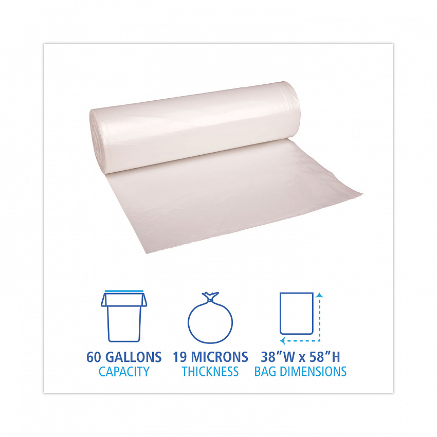 High-Density Can Liners, 60 gal, 19 mic, 38" x 58", Natural, Perforated Roll, 25 Bags/Roll, 6 Rolls/Carton (385822)