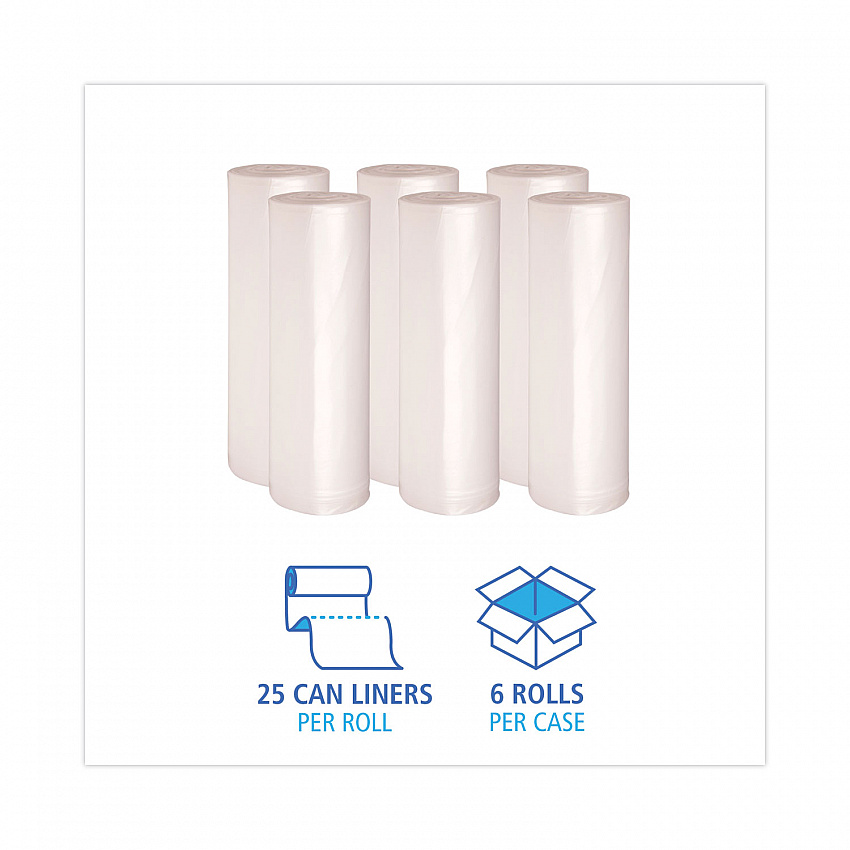 High-Density Can Liners, 60 gal, 19 mic, 38" x 58", Natural, Perforated Roll, 25 Bags/Roll, 6 Rolls/Carton (385822)