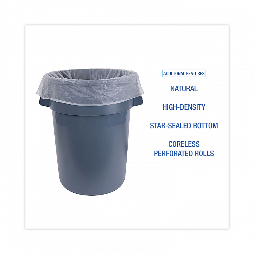 High-Density Can Liners, 60 gal, 19 mic, 38" x 58", Natural, Perforated Roll, 25 Bags/Roll, 6 Rolls/Carton (385822)