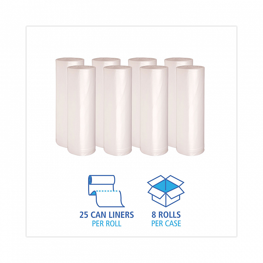 High-Density Can Liners, 60 gal, 14 mic, 38" x 58", Natural, Perforated Roll, 25 Bags/Roll, 8 Rolls/Carton (386016)