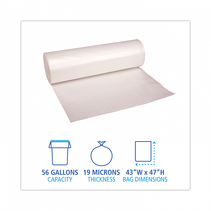 High-Density Can Liners, 56 gal, 19 mic, 43" x 47", Natural, Perforated Roll, 25 Bags/Roll, 6 Rolls/Carton (434722)