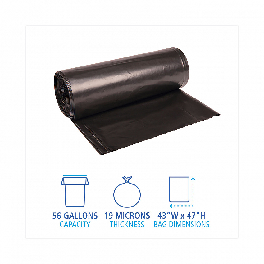 High-Density Can Liners, 56 gal, 19 mic, 43" x 47", Black, Perforated Roll, 25 Bags/Roll, 6 Rolls/Carton (434722BLK)