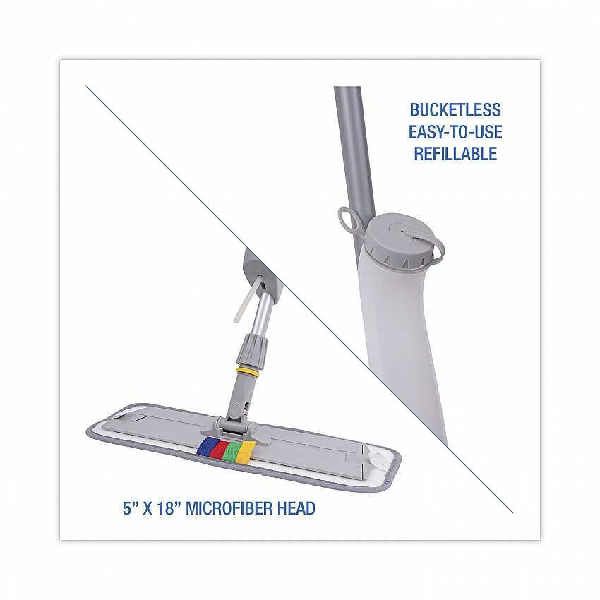 Bucketless Microfiber Mop System, 5 x 18 Blue Microfiber Head, 59" Gray Aluminum/Polypropylene Handle (BWMS16MFM)