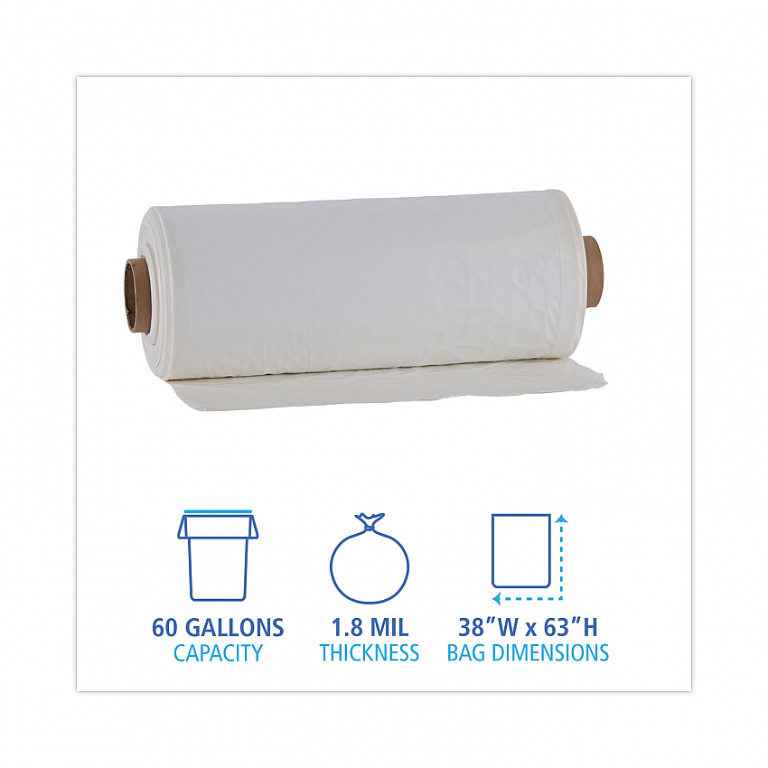 Industrial Can Liner Rolls, 60 gal, 1.8 mil, 21" x 17" x 63", Clear, 75/Carton (D38633CL)