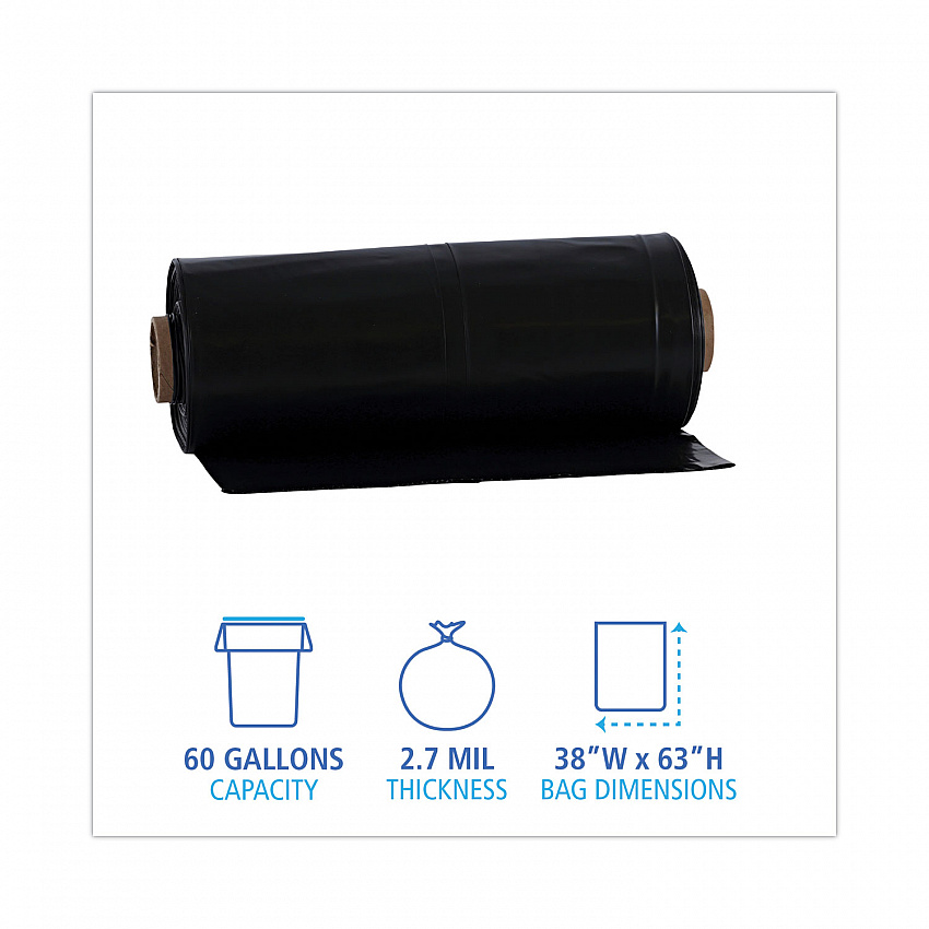 Industrial Can Liner Rolls, 60 gal, 2.7 mil, 21" x 17" x 63", Black, 50/Carton (D38634BN)